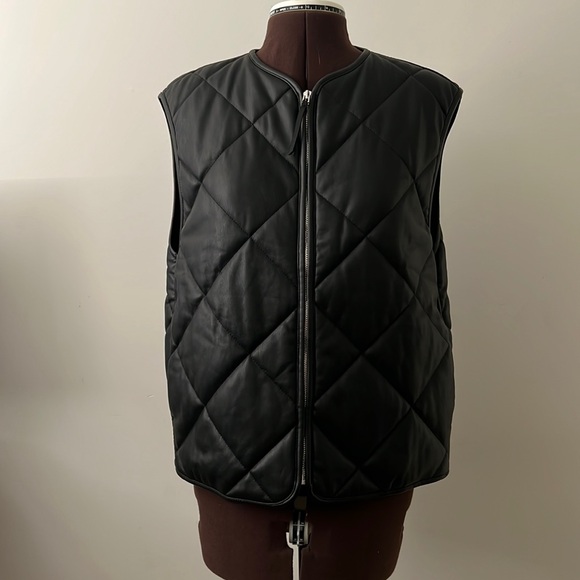 Mango Jackets & Blazers - Black Mango Quilted leather vest with pockets and side slits